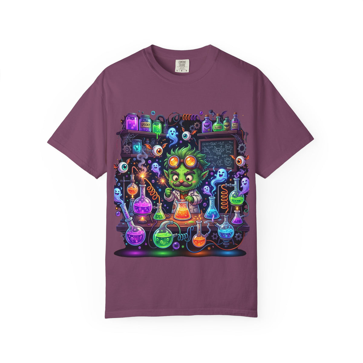 Mad Scientist Cat Lab T-Shirt — Neon Potion Halloween Tee