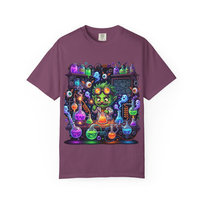 Mad Scientist Cat Lab T-Shirt — Neon Potion Halloween Tee