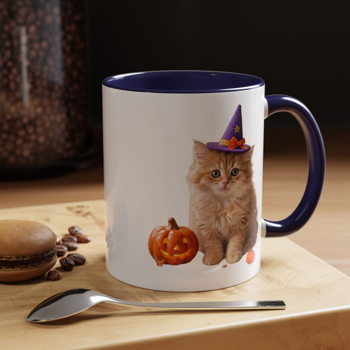 Halloween Cat Coffee Mug with Witch Hat and Pumpkin