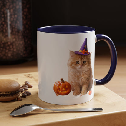 Halloween Cat Coffee Mug with Witch Hat and Pumpkin