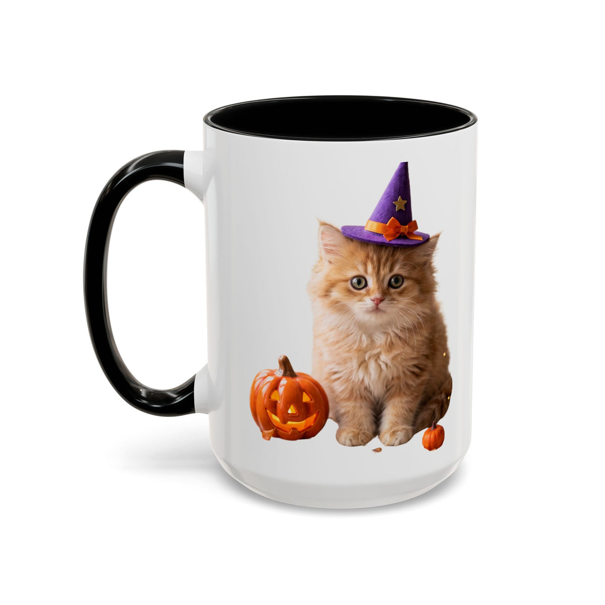 Halloween Cat Coffee Mug with Witch Hat and Pumpkin