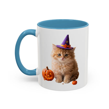 Halloween Cat Coffee Mug with Witch Hat and Pumpkin