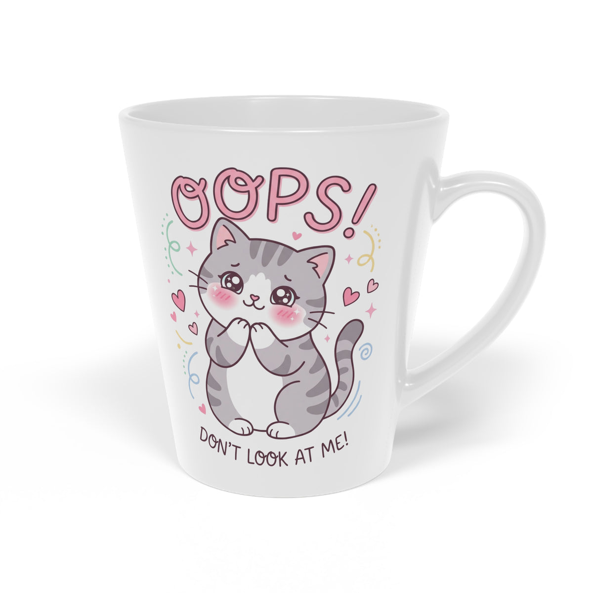 Latte Mug — Cute Kawaii Cat 'Oops! Don't Look' 12oz Ceramic Coffee Cup
