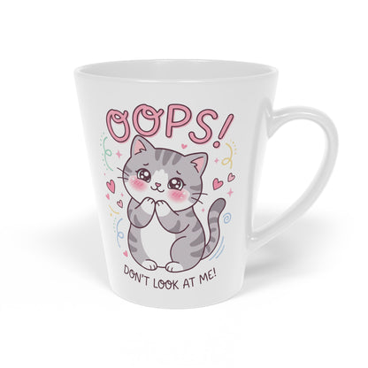 Latte Mug — Cute Kawaii Cat 'Oops! Don't Look' 12oz Ceramic Coffee Cup