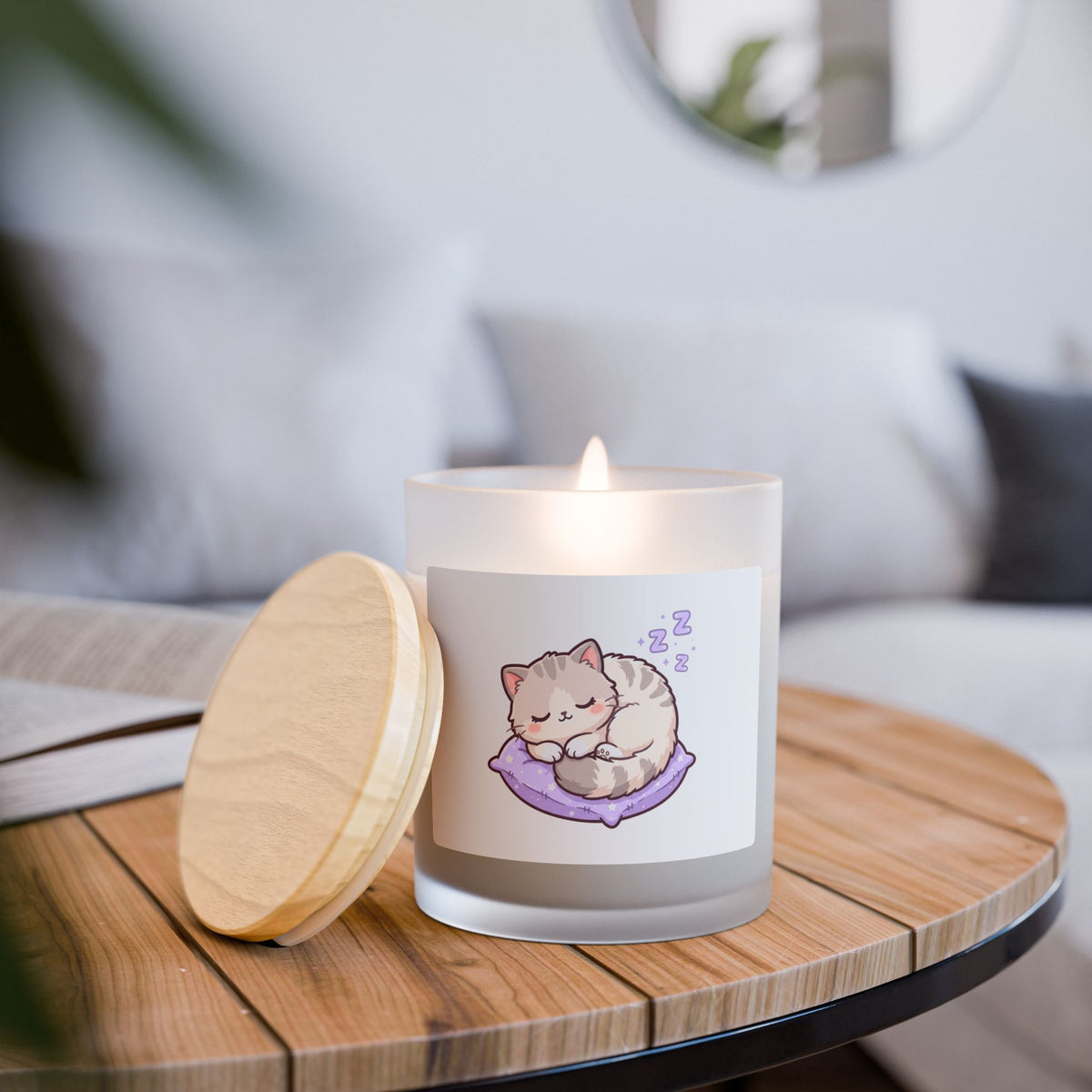 Sleeping Cat Frosted Glass Candle — 11oz Cozy Scented Candle