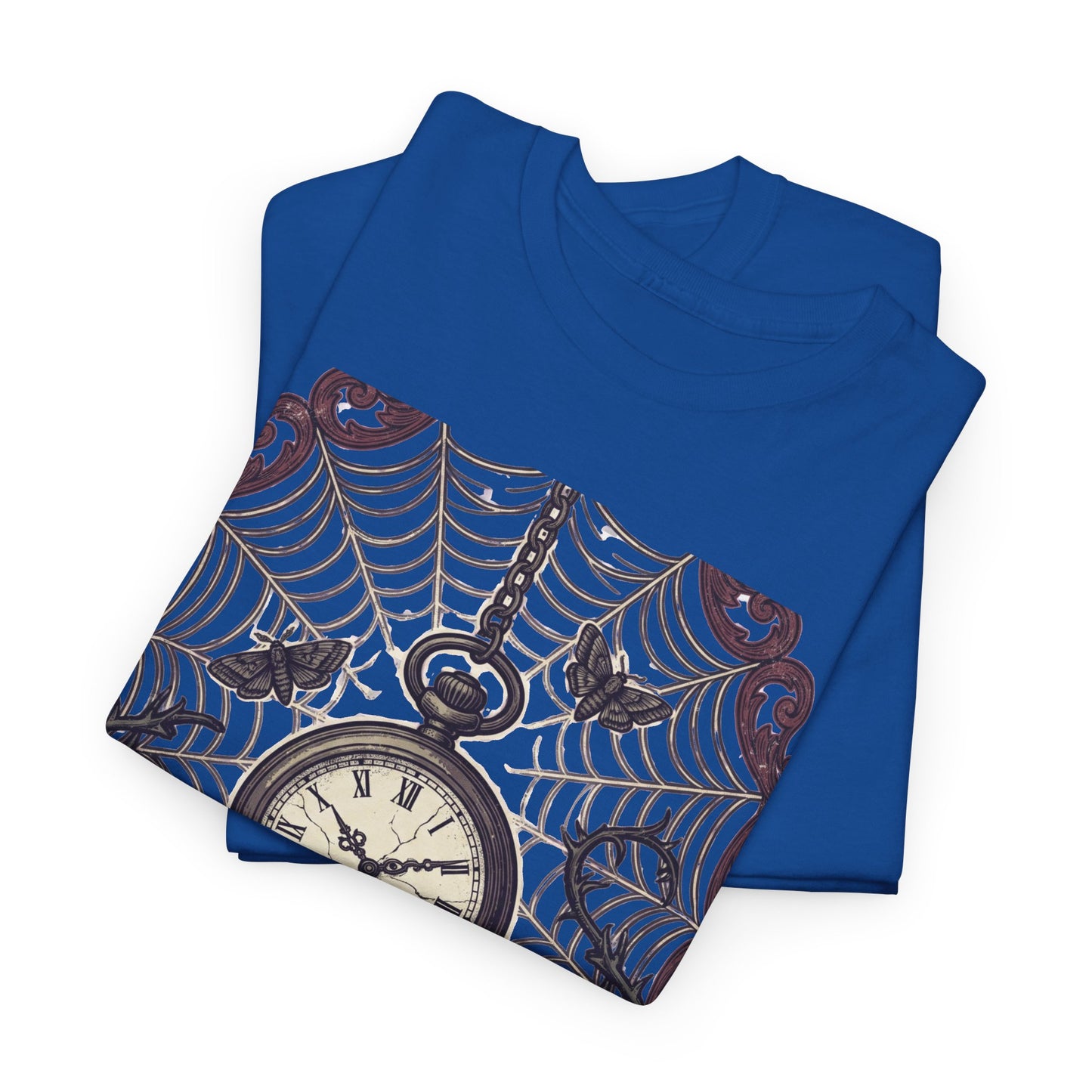 Caught in the Night Pocket Watch Tee — Gothic Spiderweb Vintage Clock T‑Shirt
