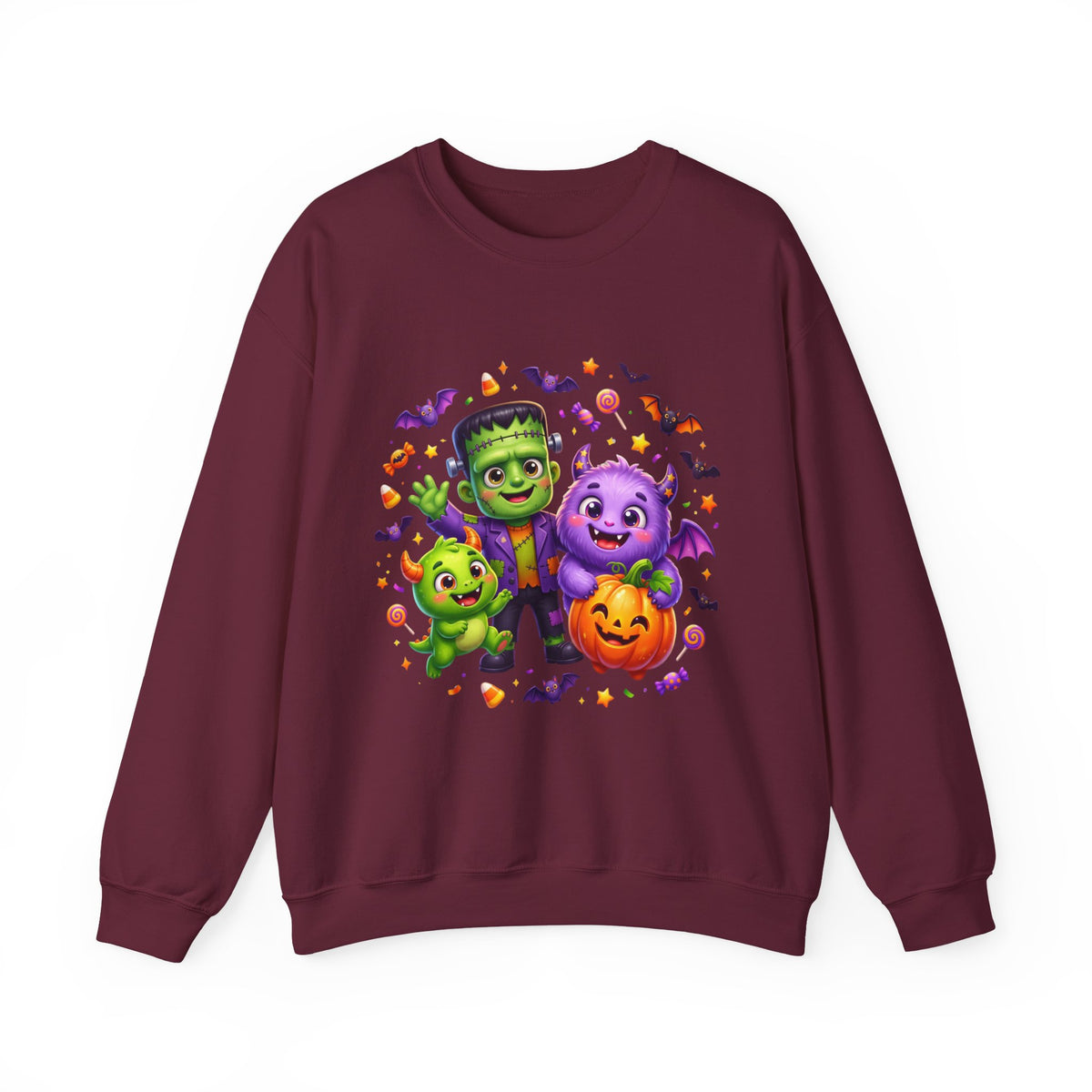 Halloween Monster Crewneck Sweatshirt — Cute Frankenstein, Vampire & Pumpkin Design