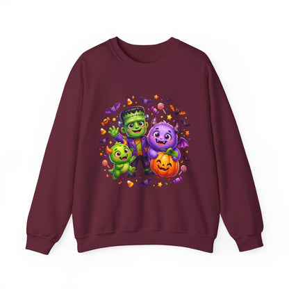 Halloween Monster Crewneck Sweatshirt — Cute Frankenstein, Vampire & Pumpkin Design