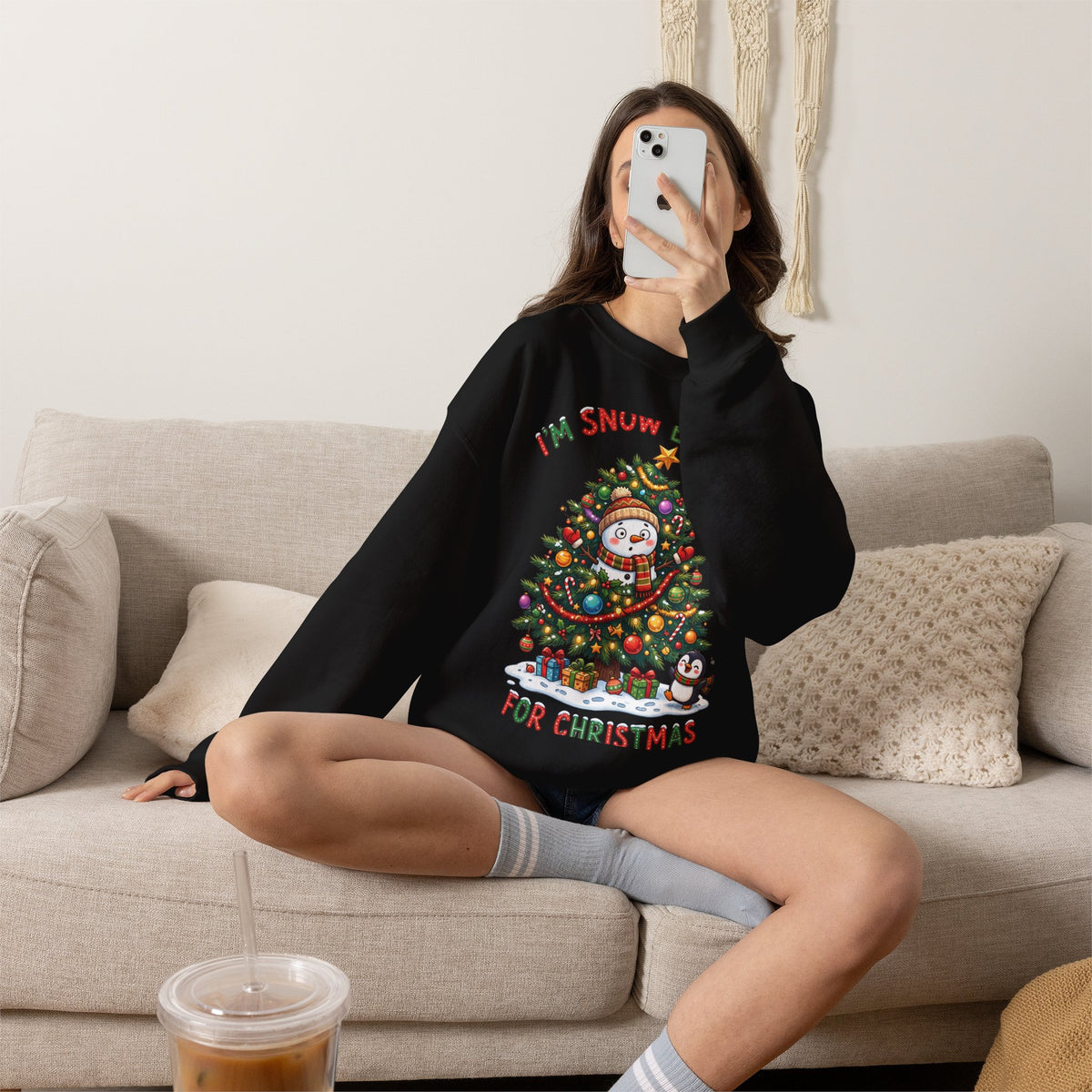 Christmas Sweatshirt – "I’m Snow Excited for Christmas" Cute Snowman Tree Holiday Crewneck