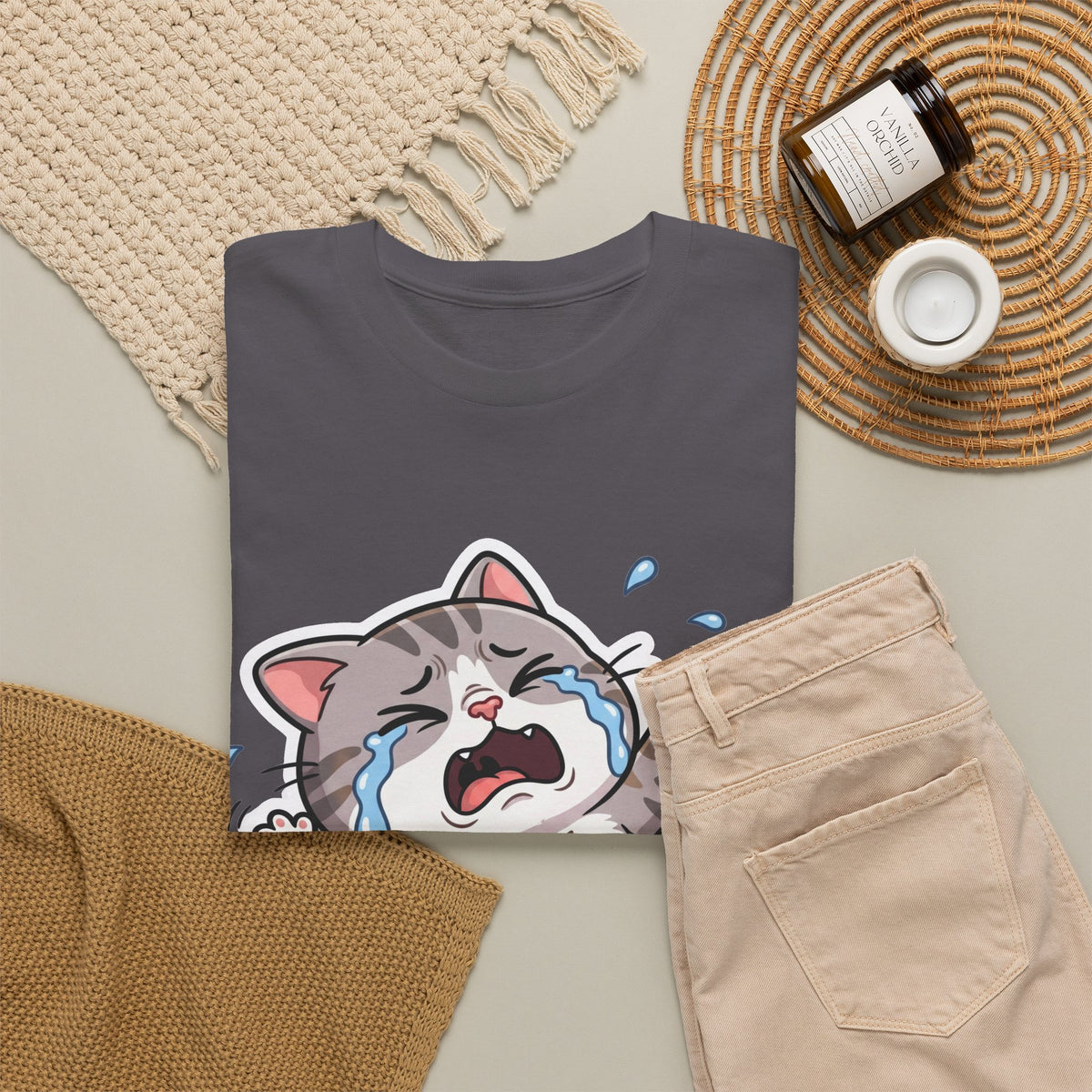 Crying Cartoon Cat T-Shirt — Cute Kawaii Kitten Graphic Tee