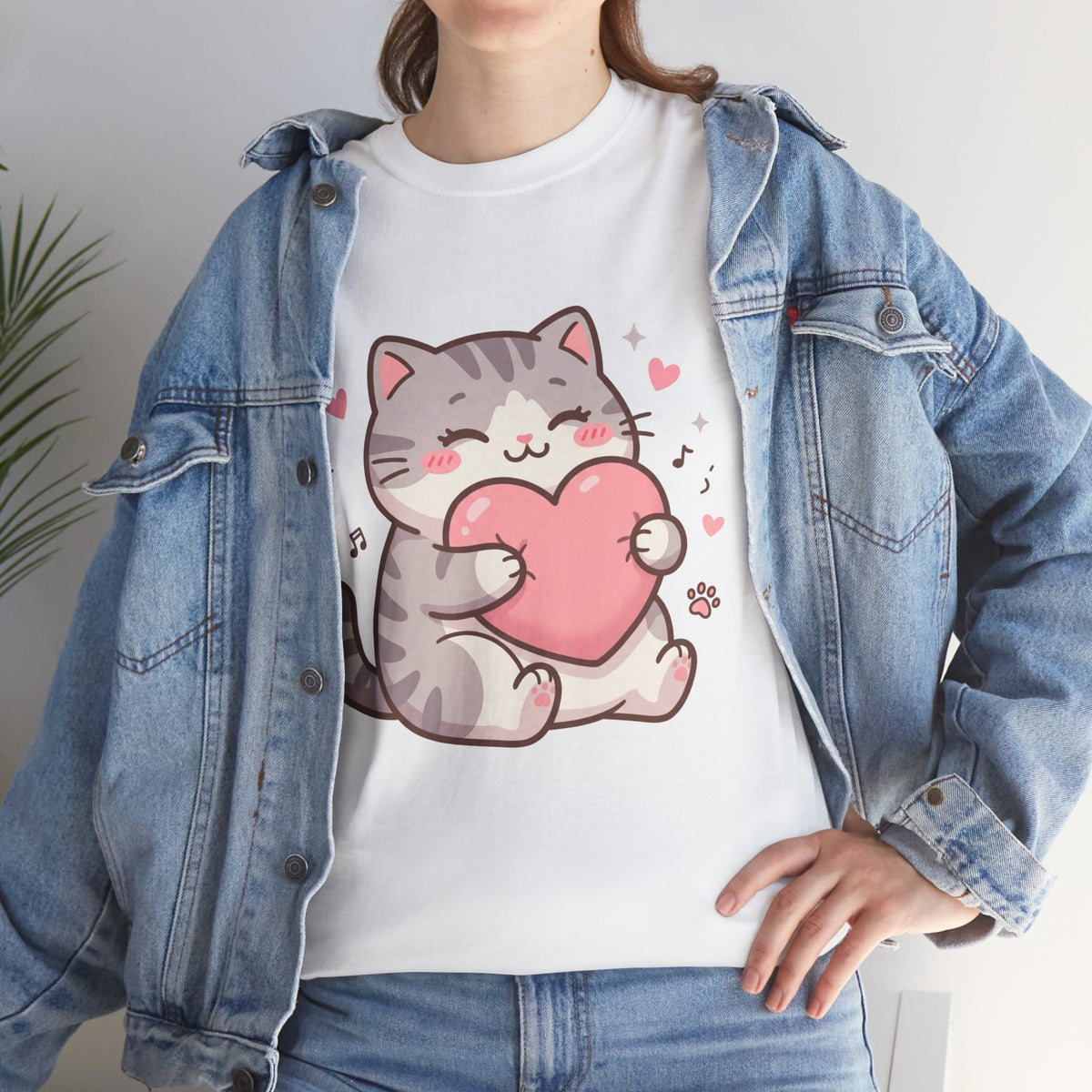 Cute Cat Hugging Heart T-Shirt — Kawaii Valentine Kitty Tee