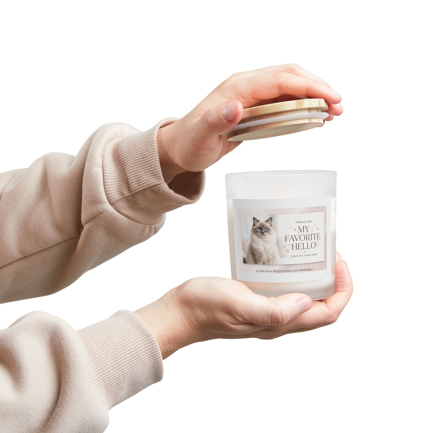 Scented Frosted Glass Candle — “My Favorite Hello” Cat Photo Soy Candle, 11 oz