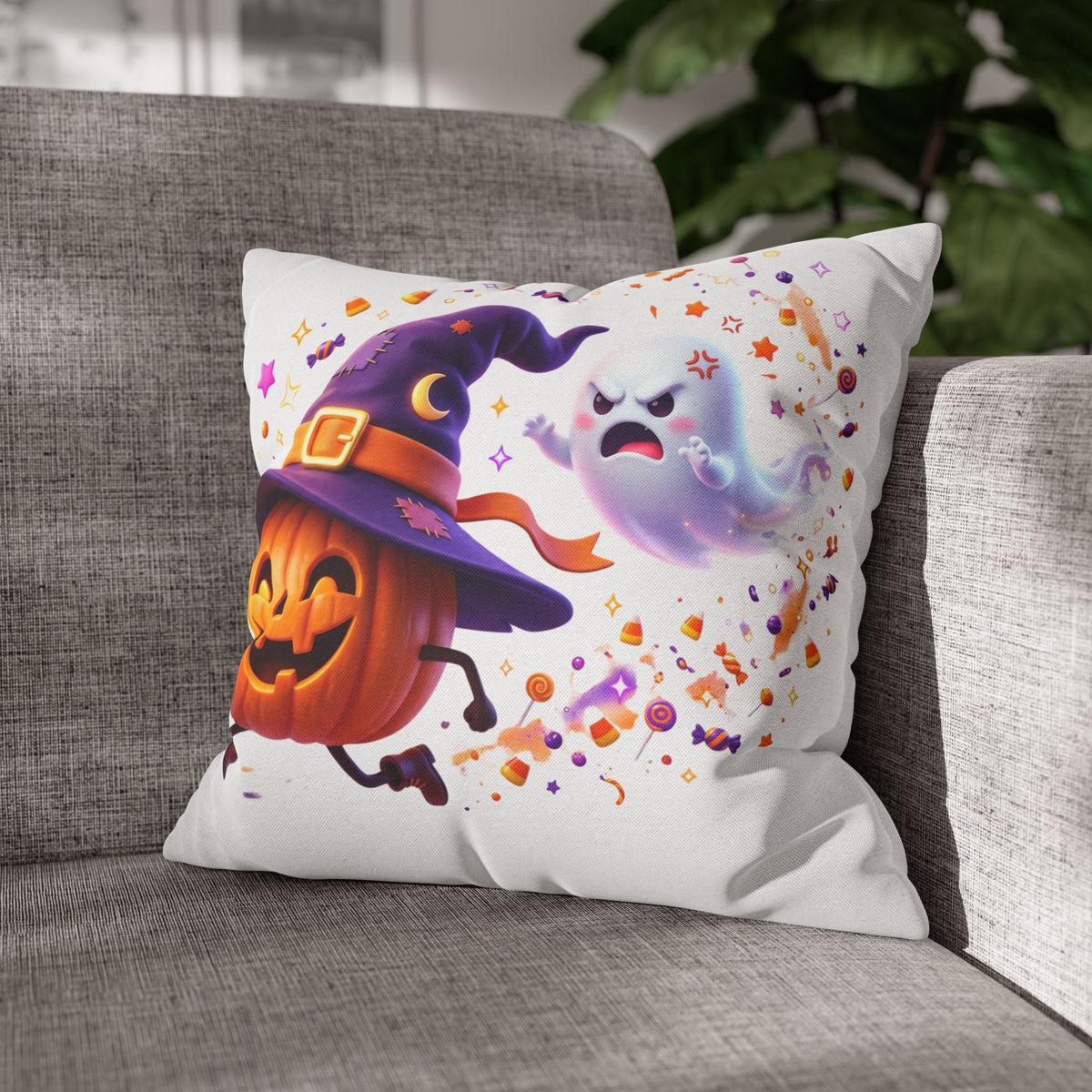 Halloween Pumpkin & Ghost Pillowcase — Cute Spooky Decorative Throw Pillow