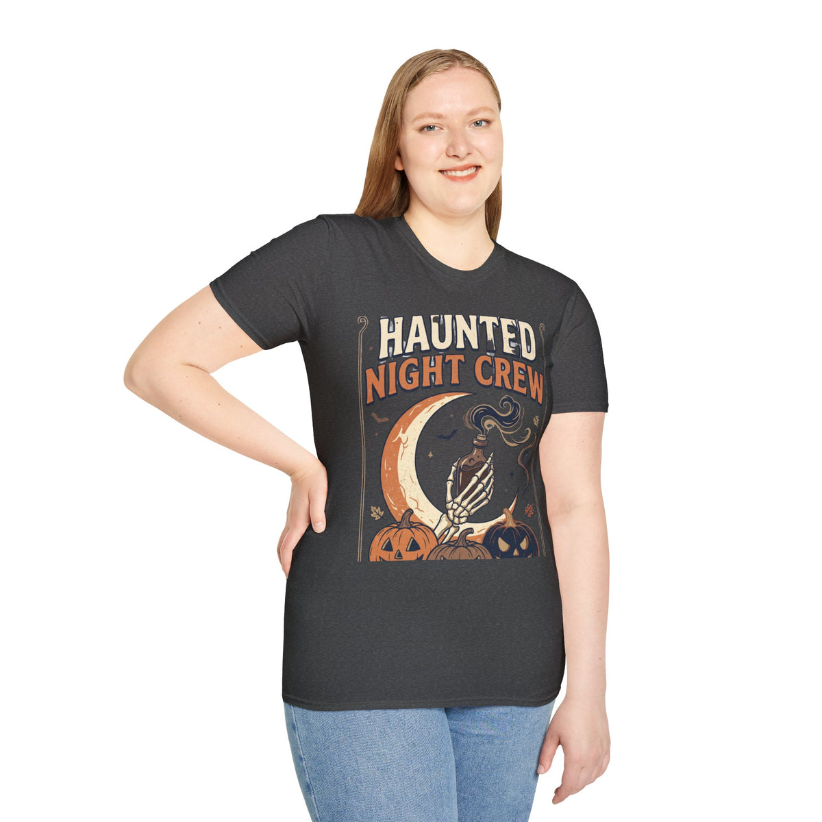 Haunted Night Crew T-Shirt — Retro Halloween Skeleton & Pumpkin Tee