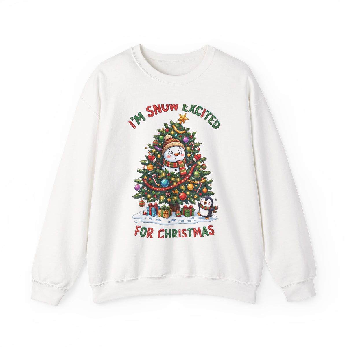 Christmas Sweatshirt – "I’m Snow Excited for Christmas" Cute Snowman Tree Holiday Crewneck
