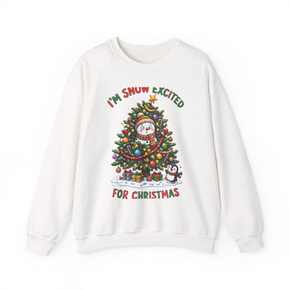 Christmas Sweatshirt – "I’m Snow Excited for Christmas" Cute Snowman Tree Holiday Crewneck