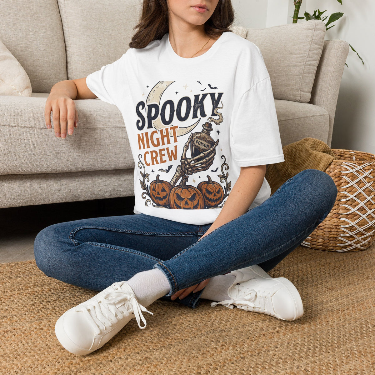 Spooky Night Crew T-Shirt — Halloween Moon, Skeleton & Pumpkins Tee
