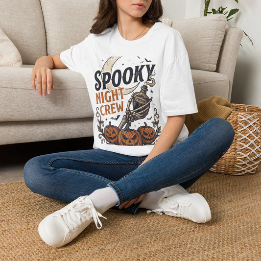 Spooky Night Crew T-Shirt — Halloween Moon, Skeleton & Pumpkins Tee