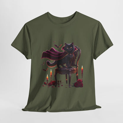 Vampire Cat Tee — Gothic Black Cat with Cape & Candles T-Shirt