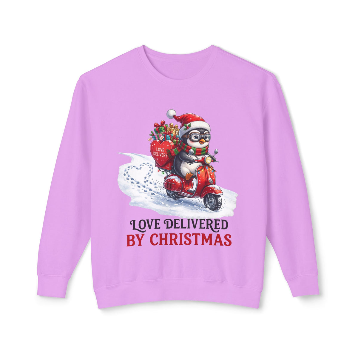 Christmas Penguin Scooter Sweatshirt — "Love Delivered by Christmas" Holiday Crewneck