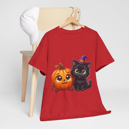 Halloween Black Cat & Pumpkin T‑Shirt — Cute Witch Hat Kitty Fall Tee