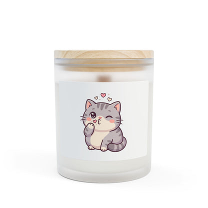 11oz Frosted Glass Candle — Cute Blushing Kitten Scented Candle (Wood Lid)
