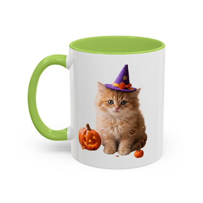 Halloween Cat Coffee Mug with Witch Hat and Pumpkin