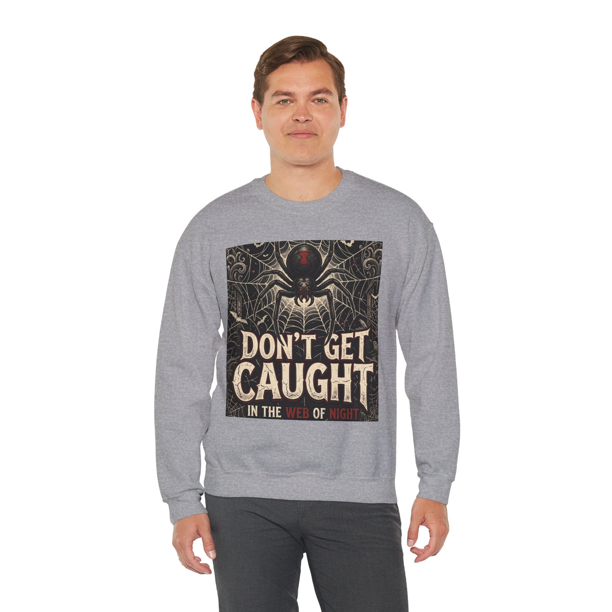 Spider Web Sweatshirt - "Don't Get Caught in the Web of Night" Graphic Crewneck