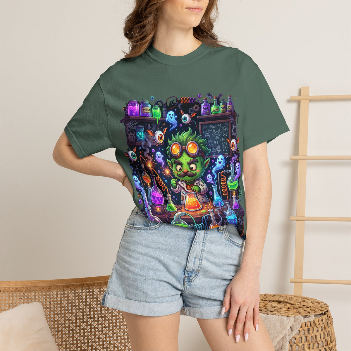 Mad Scientist Cat Lab T-Shirt — Neon Potion Halloween Tee