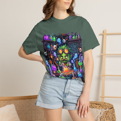 Mad Scientist Cat Lab T-Shirt — Neon Potion Halloween Tee