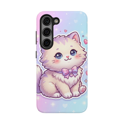 Cute Pastel Kawaii Kitten Tough Phone Case — Cute Cat with Bow Protective Cover