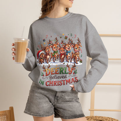 Christmas Reindeer Crewneck Sweatshirt — "Deerly Believed in Christmas" Holiday Pullover