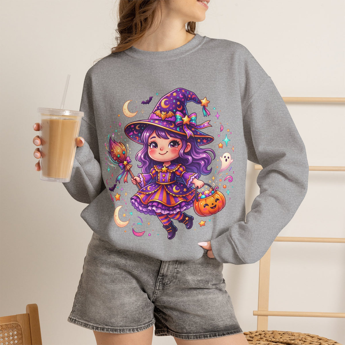 Cute Halloween Witch Sweatshirt — Kawaii Pumpkin Magic Crewneck