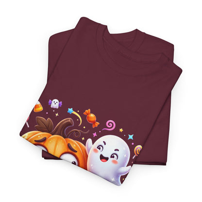 Cute Halloween Pumpkin & Ghost Tee — Scared Pumpkin Candy Graphic T-Shirt