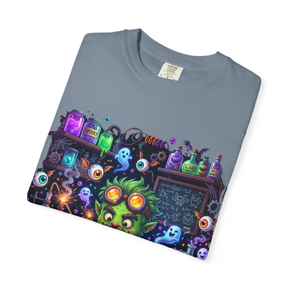 Mad Scientist Cat Lab T-Shirt — Neon Potion Halloween Tee