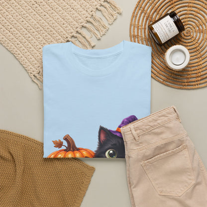 Halloween Black Cat & Pumpkin T‑Shirt — Cute Witch Hat Kitty Fall Tee