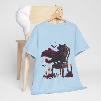 Vampire Cat Tee — Gothic Black Cat with Cape & Candles T-Shirt