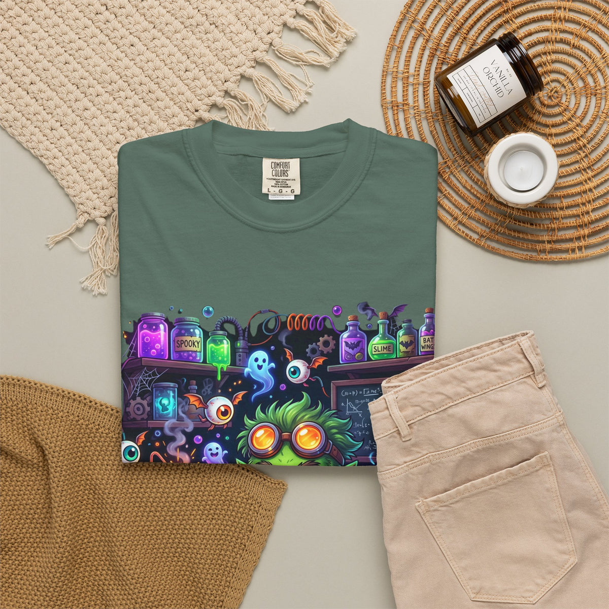 Mad Scientist Cat Lab T-Shirt — Neon Potion Halloween Tee