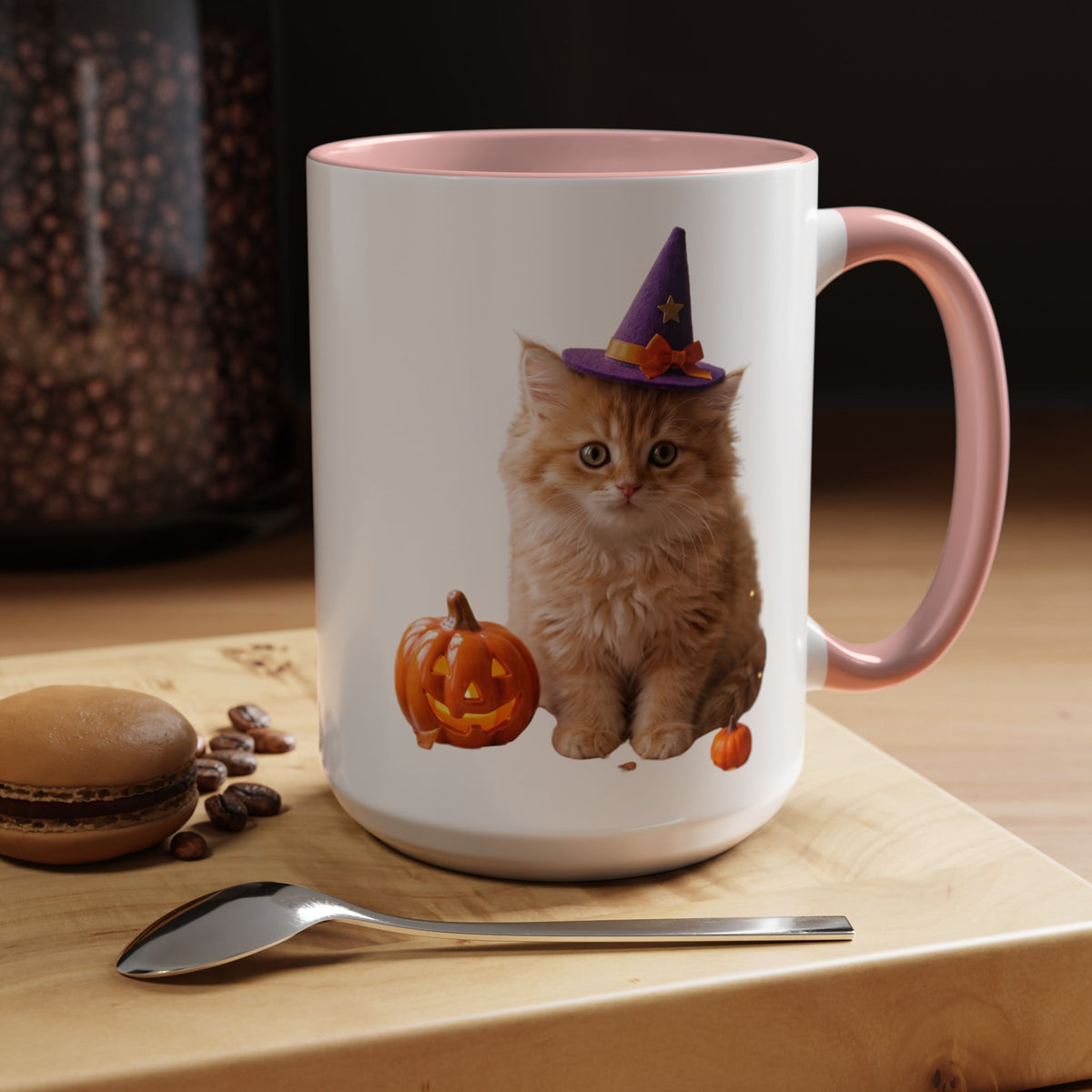 Halloween Cat Coffee Mug with Witch Hat and Pumpkin
