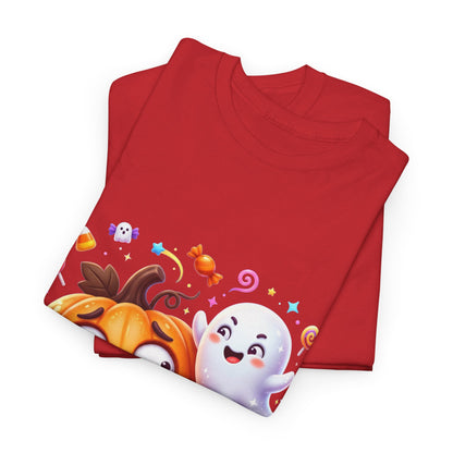 Cute Halloween Pumpkin & Ghost Tee — Scared Pumpkin Candy Graphic T-Shirt