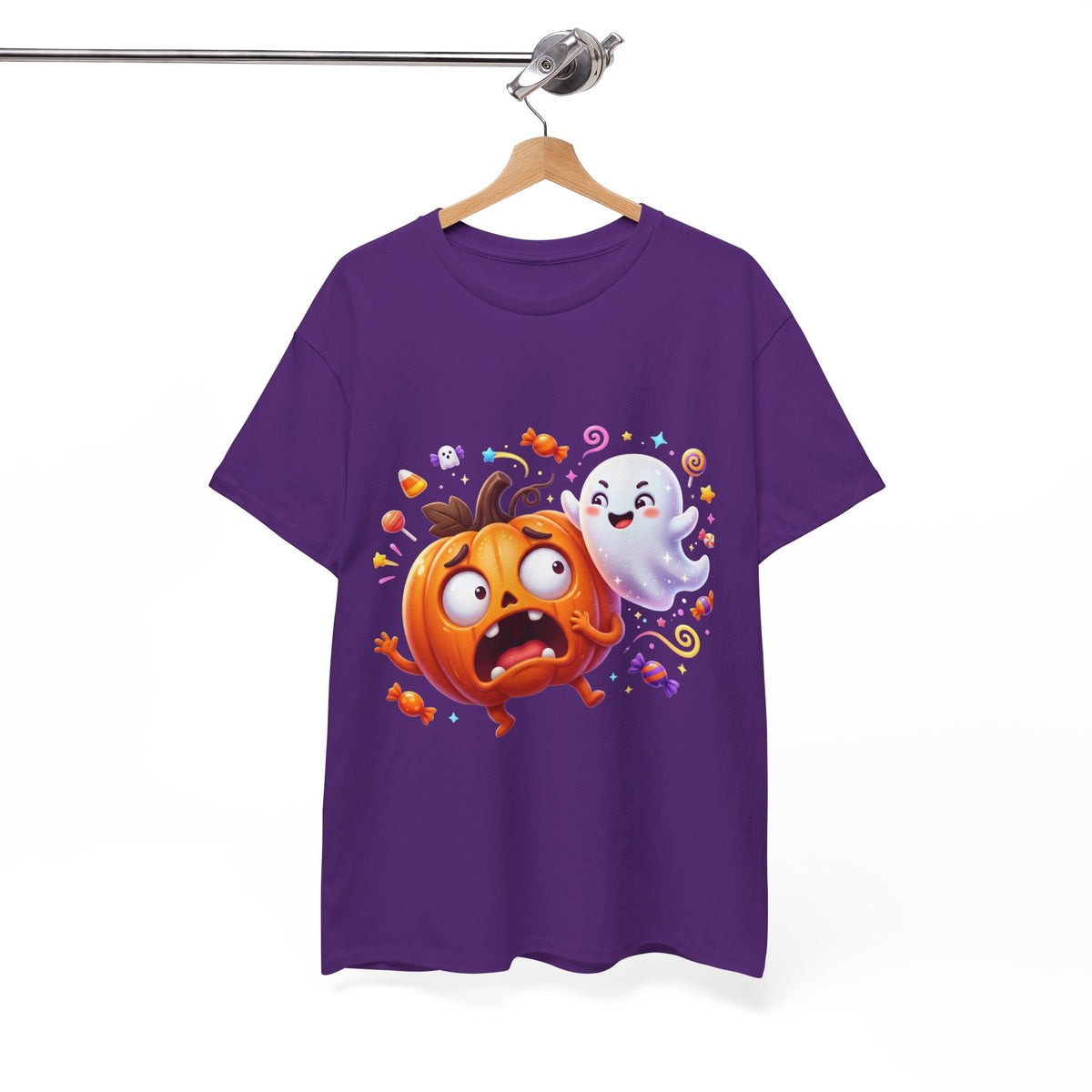 Cute Halloween Pumpkin & Ghost Tee — Scared Pumpkin Candy Graphic T-Shirt