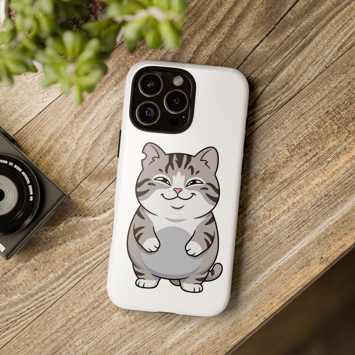 Cute Chubby Cat Phone Case — Protective Tough Case with Smiling Tabby Design