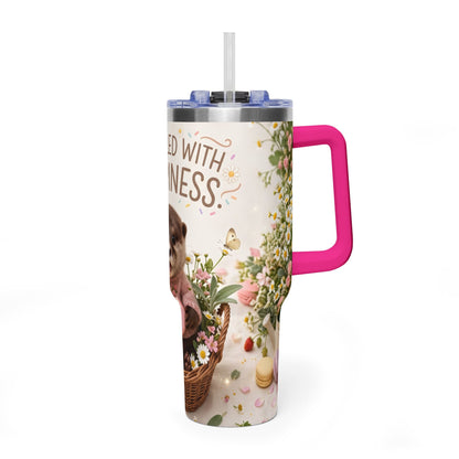 40oz Tumbler – “Sprinkled with Happiness” Puppy Floral Drink Cup