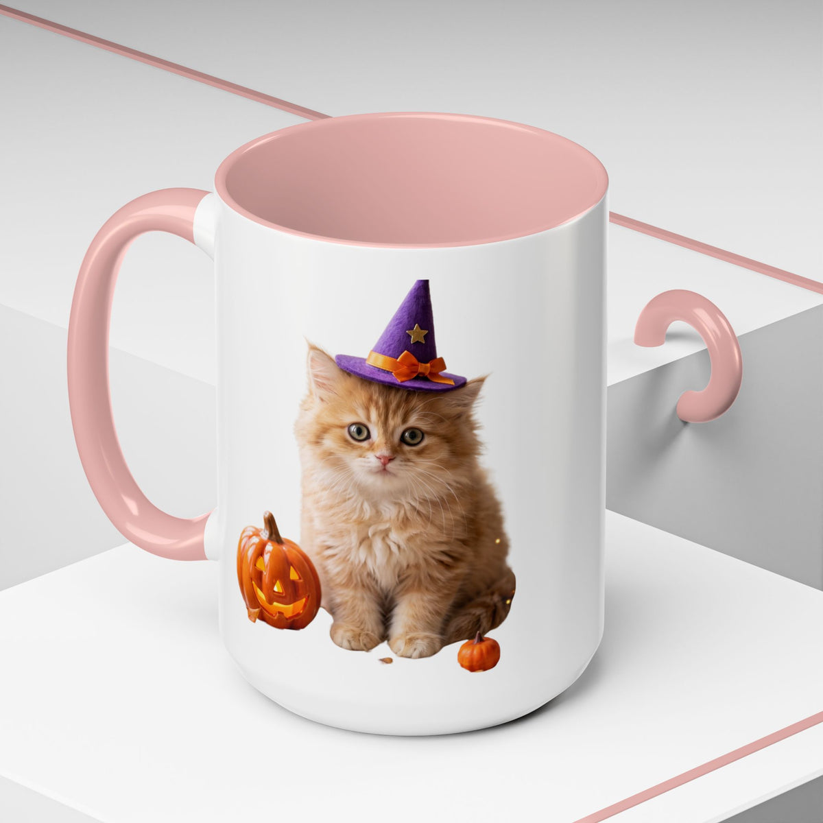 Halloween Cat Coffee Mug with Witch Hat and Pumpkin