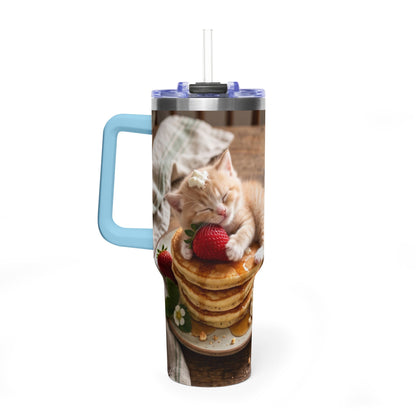 40oz Cat Pancake Thermal Tumbler with Straw