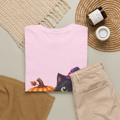 Halloween Black Cat & Pumpkin T‑Shirt — Cute Witch Hat Kitty Fall Tee