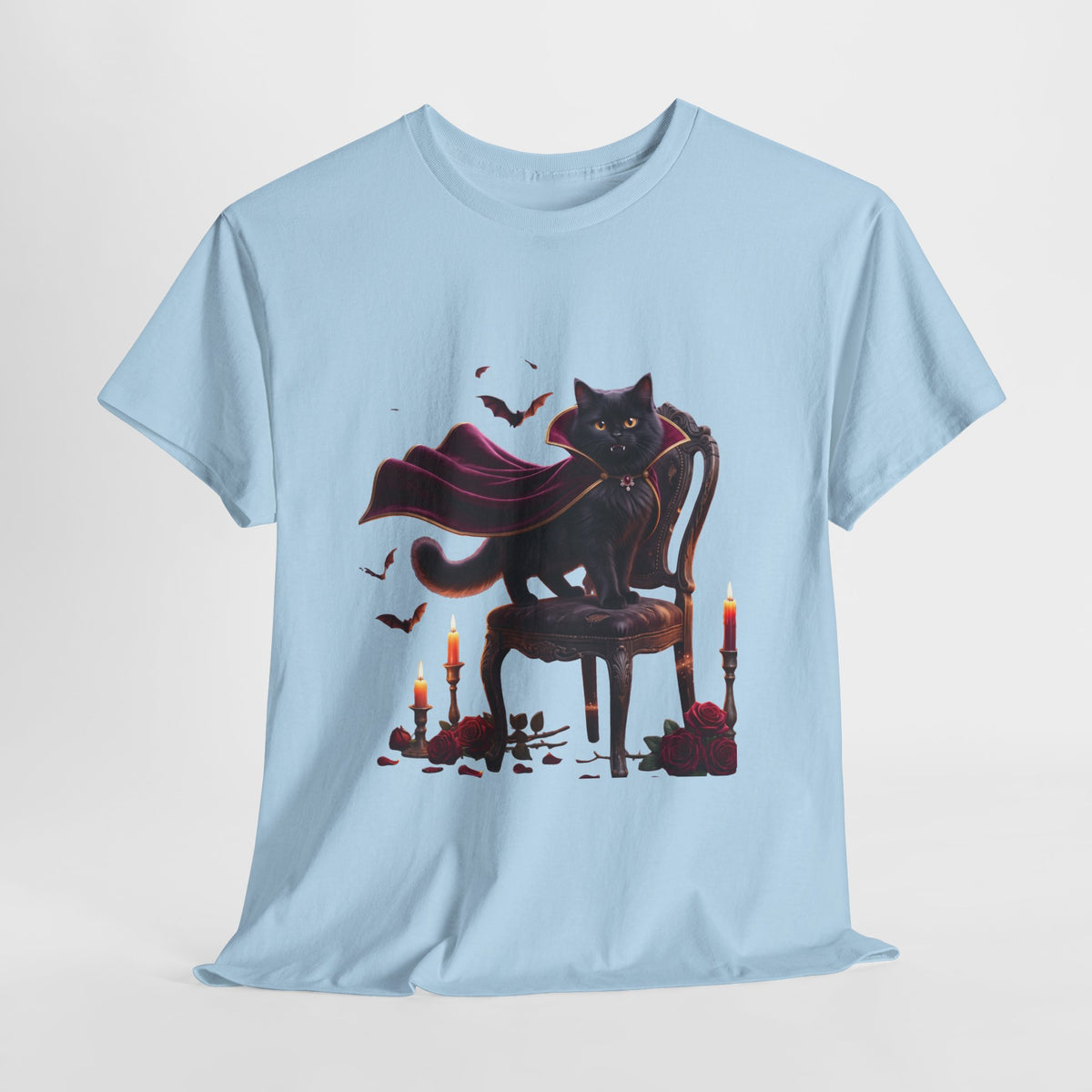 Vampire Cat Tee — Gothic Black Cat with Cape & Candles T-Shirt