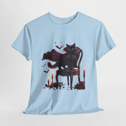 Vampire Cat Tee — Gothic Black Cat with Cape & Candles T-Shirt