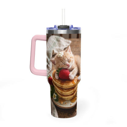 40oz Cat Pancake Thermal Tumbler with Straw