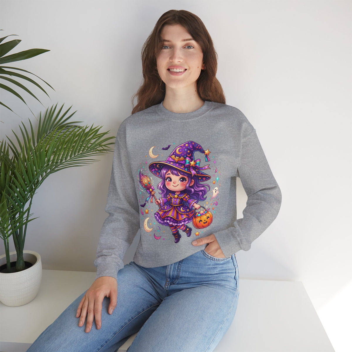 Cute Halloween Witch Sweatshirt — Kawaii Pumpkin Magic Crewneck